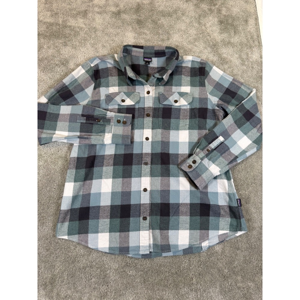 Patagonia Organic Cotton Flannel Shirt XL W Blue Teal Plaid Button Down 42405